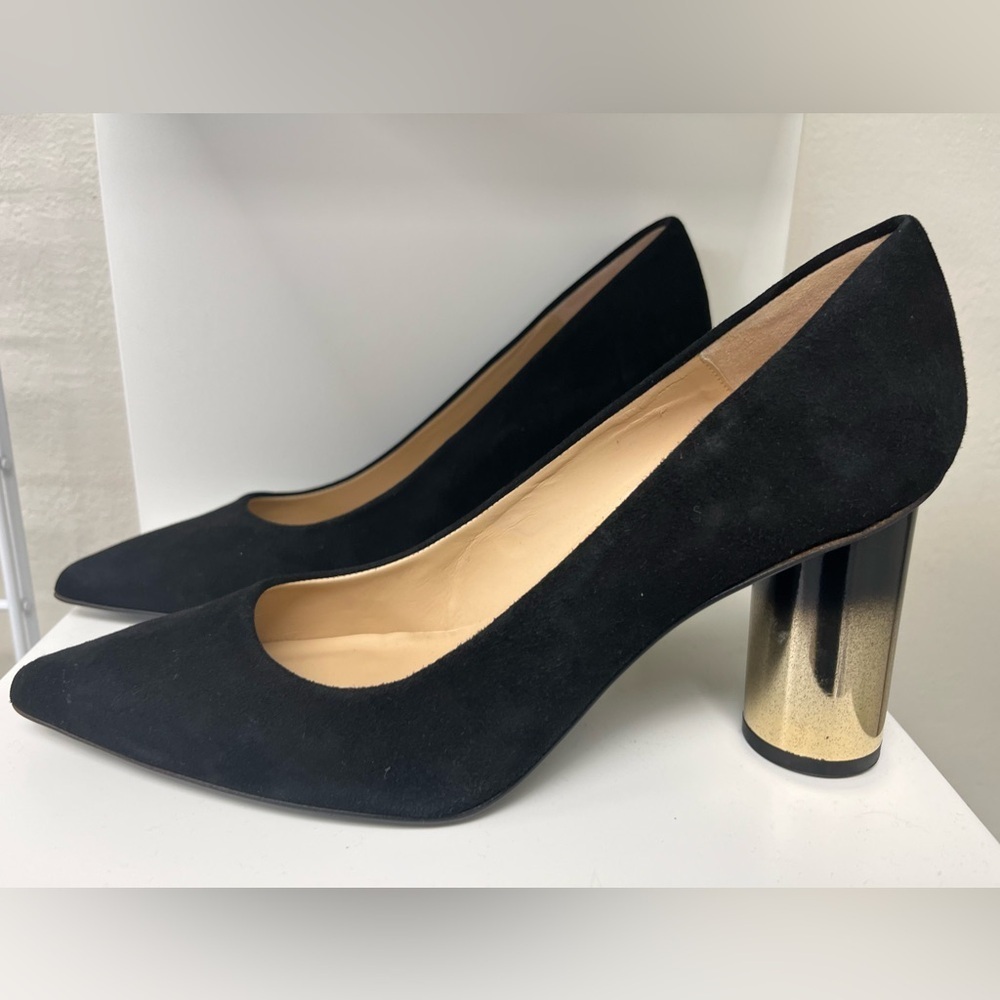 Jon Josef Black Suede Pointed Toe Pumps with Gold Block Heel PERFECT SHAPE